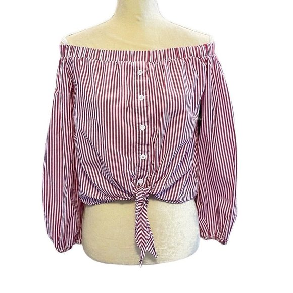Do + Be Red Striped Off The Shoulder Long Sleeve Tie Front Top Blouse Small - Picture 1 of 7